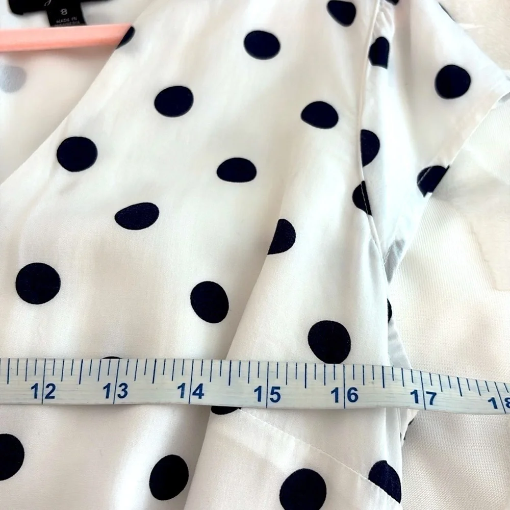 J. Crew White & Navy Polka Dot V-Neck, Front Cap Sleeve Ruffled,  Dress. Size 8